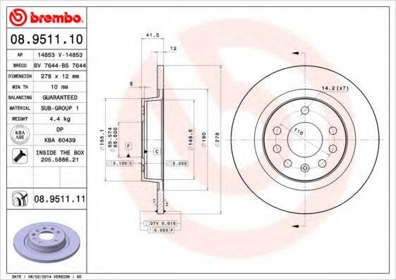 гальмівний диск BREMBO 08.9511.10