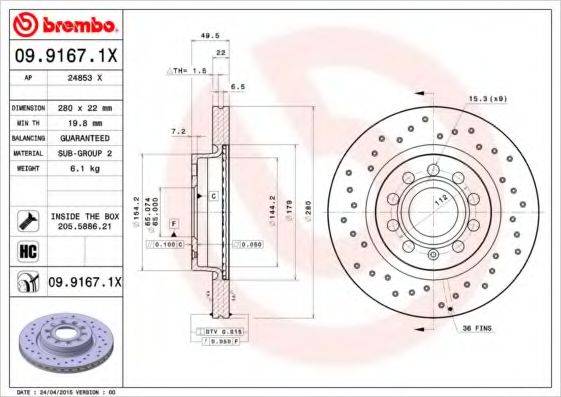 гальмівний диск BREMBO 09.9167.1X