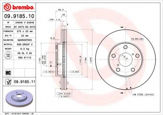 гальмівний диск BREMBO 09.9185.10