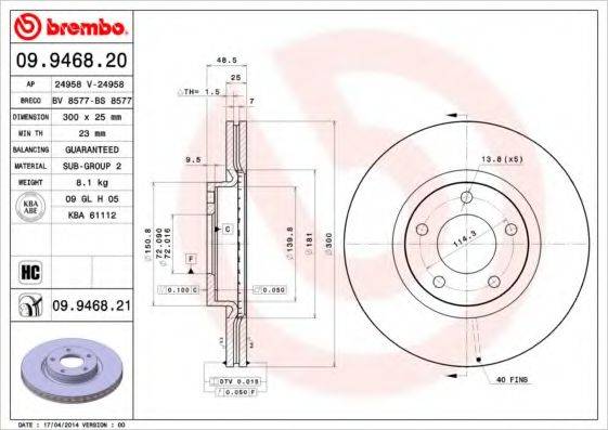 гальмівний диск BREMBO 09.9468.20