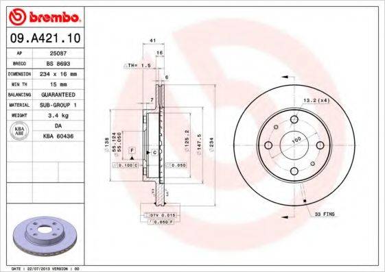 гальмівний диск BREMBO 09.A421.10