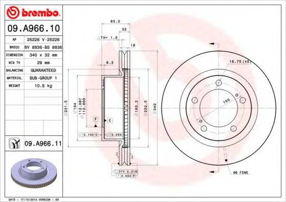 гальмівний диск BREMBO 09.A966.10