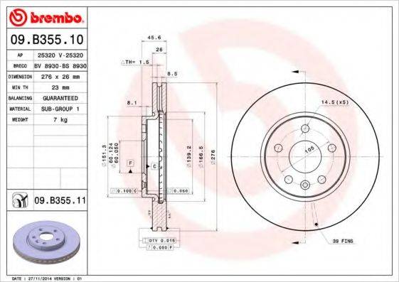 гальмівний диск BREMBO 09.B355.10